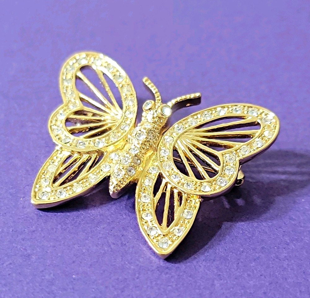 Vintage Roman Gold-Tone Butterfly Brooch, Open-Work Wings, Rhinestones